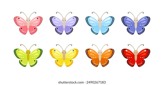 Set of cute multicolored butterflies. Vector funny smiling character. Cartoon flat illustration.
