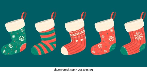 Set of cute multicolored cartoon Christmas socks. Vector image, illustration