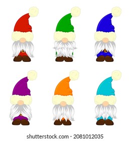 A set of cute multicolored Christmas gnomes with different beards and mustaches. Winter cartoon vector illustration for kids