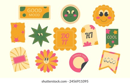Set of cute multi-colored groovy elements in 2000s style. Vintage style stickers