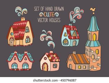 Set of cute multicolored hand drawn houses. Rustic old european houses with chimneys and a stone bell tower. Vector illustration.