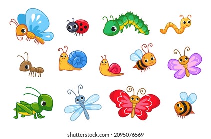 Set of cute multicolored insects. Beetle, ladybug, butterfly, snail, grasshopper, worm, caterpillar, bumblebee, bee and other funny happy characters with outline. Colored flat vector illustration