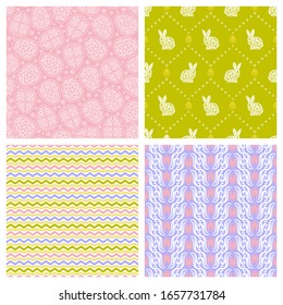 Set of cute multicolored seamless patterns for happy Easter. Eggs, rabbits, spring flowers tulips, waves, zigzags on pink, green, white and purple backgrounds. Texture for wallpaper, textile, fabrics.