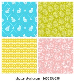 Set of cute multicolored seamless patterns for happy Easter. Eggs, rabbits, hearts, waves, zigzags on green, pink, blue and yellow backgrounds. Texture for wallpaper, textile, fabrics, wrapping paper.