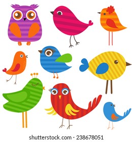 Set of cute multicolored striped  birds. Owl, sparrow, parrot, dove and other cartoon birds illustration