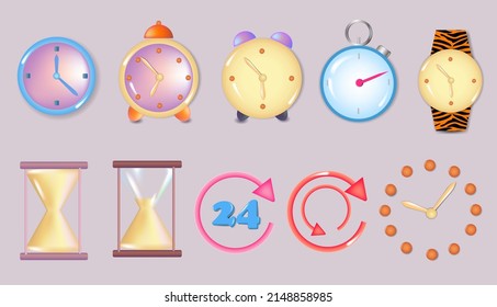 A set of cute multicolored time and clock icons.