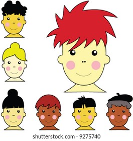 Set of cute multicultural boy and girl faces with different hairstyles and skin colors.