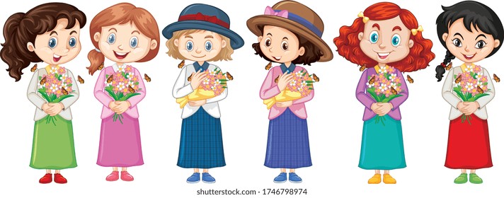 Set of cute multicultural girl characters illustration