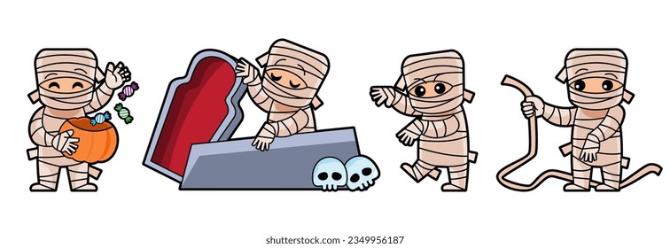 Set of cute Mummy cartoon characters . Halloween concept . Isolate white background . Vector .