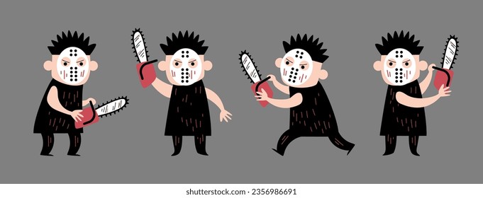 Set of cute Murderer . Halloween cartoon characters . Doodle drawing style . Vector.