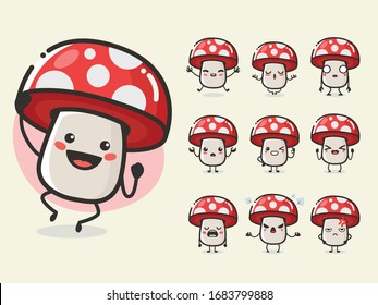 Set of cute mushroom character in different action emotion