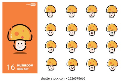 Set of cute mushroom Emoji Line Icons In Different Expressions