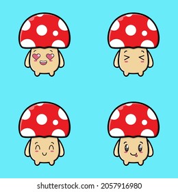 Set Cute mushroom icon face expression. mushroom  vector icon on blue background cartoon icon illustration design isolated flat cartoon style