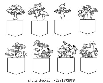 Set of cute mushroom in t-shirt pocket. Collection of forest plants in the pocket. Decorative print for bags. Botany.Tattoo. Vector illustration for a design clothes.