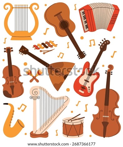 A set of cute musical instruments. Violin, cello, guitar, drum, bandura, button accordion, harp, saxophone.