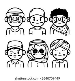 Set of cute muslim boy with different headwear Arabian style various expression character cartoon black and white doodle illustration collections 