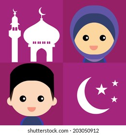 Set of cute Muslim character and elements 