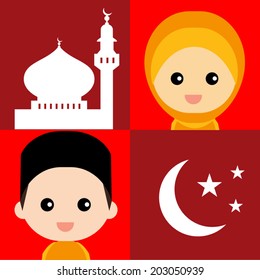 Set of cute Muslim character and elements 
