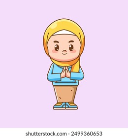 set Cute muslim girl child both hand apologize chibi kawaii character mascot illustration
