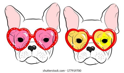 set of cute muzzle French Bulldog in heart glasses 