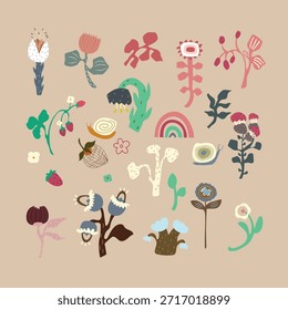 Conjunto lindo naive flores, caracoles, arco iris, fresa. Ilustración vectorial con flores de niños dibujadas a mano.