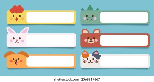 Set of cute name tag label template for school, Notebooks, Books, Stationery, Backpacks, Lunch Boxes. School label animal stickers for kids. 