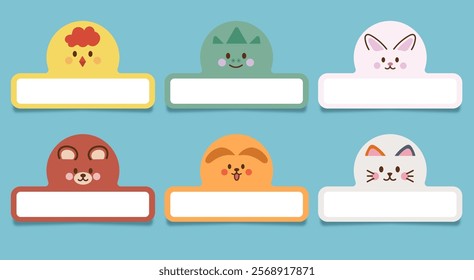Set of cute name tag label template for school, Notebooks, Books, Stationery, Backpacks, Lunch Boxes. School label animal stickers for kids. 