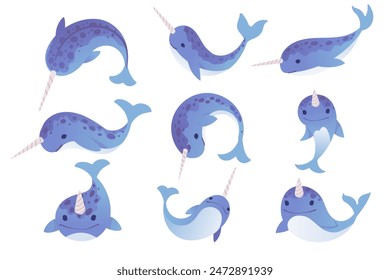 Set of cute narwhal mammal arctic animal with horn cartoon animal design vector illustration isolated on white background