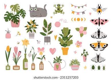 Ambientado con elementos naturales lindos, vegetales, estilo de dibujos animados. Casas, flores embotelladas, decoración y mariposas. Hogar urbano acogedor. Ilustración vectorial aislada moderna a la moda, dibujada a mano, plana.