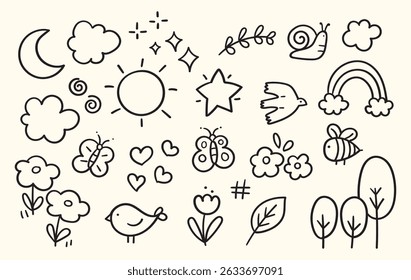 set of cute nature element childern's hand-drawn style, scribble doodle illustration with brush stroke, set of sign and symbol such as sun moon bird butterfly flower leaf