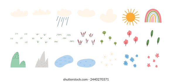 Set of cute nature and weather elements, cartoon flat vector illustration isolated on white background. Collection of hand drawn clouds, rainbow, sun, trees, grass, lakes, flowers and mountains.