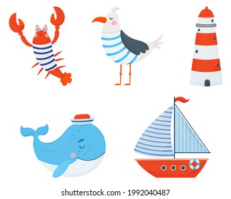 Set of cute nautical elements.Vector hand drawn illustration cartoon style