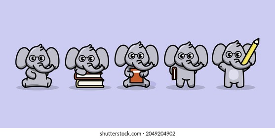 Set of cute nerd elephants student mascot
