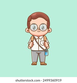 set Cute nerd geek office workers happy kawaii chibi character mascot illustration