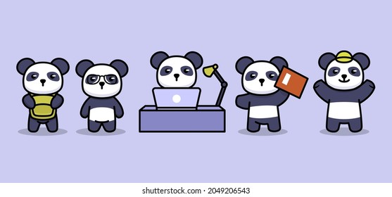 Set of cute nerd panda student mascot