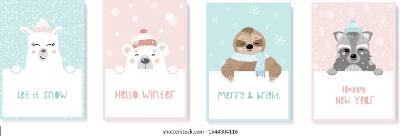 Set of cute new year cards with animals. Sloth, llama, raccoon, bear in hats and scarves. Christmas set of children`s multi-colored posters. Snowflakes, new year elements.