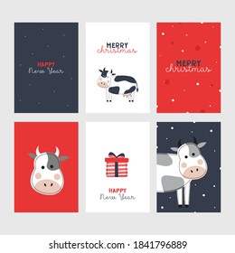 Set of cute New Year cards with cows. Year of the bull. New Year. Merry Christmas. Printing on posters, postcards, wrapping paper, clothing. 2021. Snow, snowflakes, gift, dark, red background.