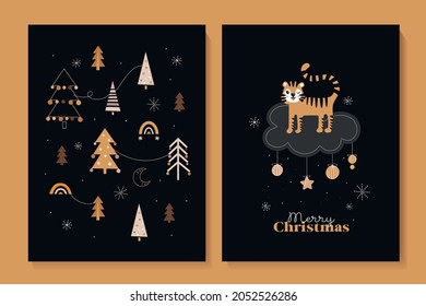Set of cute New Year cards with tigers. Happy new year 2022. Snow, gift, tiger, dark background. Christmas pattern with Christmas trees.