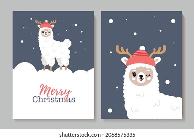 Set of cute New Year cards with llamas. Cute alpacas and snow. Lama in a red cap. Happy New Year. Merry Christmas. New Year poster.