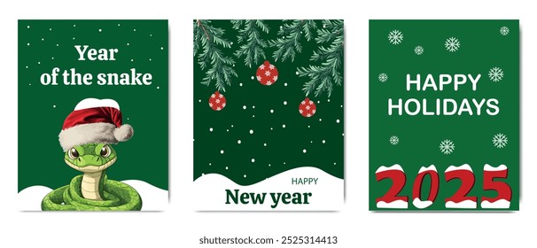 A set of cute New Year cards for 2025 with the symbol of the year, a snake in a New Year's hat, holiday greetings, a green background, snowflakes and Christmas decorations.