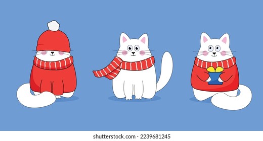 Set of cute new year cats. Vector illustration of cats. Merry Christmas drawing of cute kittens with accessories knitted hats, sweaters, scarfs with snowflakes on blue background