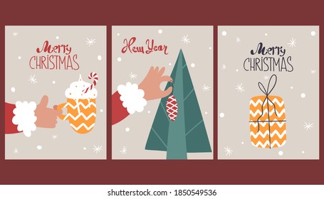 Juego de adorables tarjetas de felicitación de Año Nuevo. Iluminación del vector.