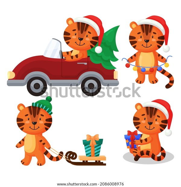 Set of\
cute New Year tigers: tiger  with garland, tiger sits holding a\
gift, tiger rides in a red car with an open top and Christmas tree,\
tiger carries a gift on a sled. Isolated on\
white.