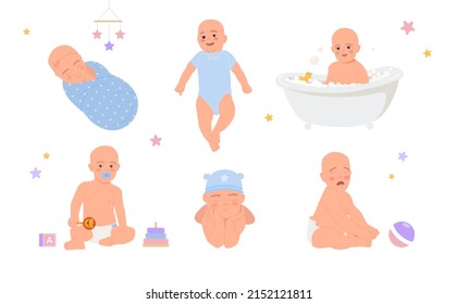 Juego de lindos recién nacidos. Niños pequeños durmiendo. juegan con juguetes, lloran, se arrastran y se bañan en el baño. Hermosos niños sonrientes. Colección vectorial plana de dibujos animados aislada en fondo blanco