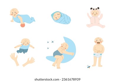 set of cute newborn baby boys and girl characters. Baby infant and todler collection in different poses. For baby shower design. 
