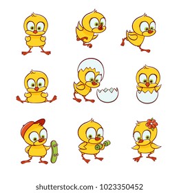 Set of cute new-born baby chicken characters running, flying, training, sitting in egg shell, hand-drawn, sketch style vector illustration isolated on white background. Cute baby chicken character set