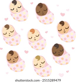 Set of cute newborn baby girl boy simple illustration in various skin color