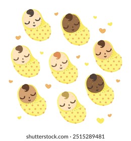 Set of cute newborn baby girl boy simple illustration in various skin color