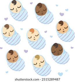 Set of cute newborn baby girl boy simple illustration in various skin color