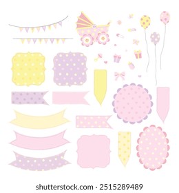 Set of cute newborn baby item illustration with banner frame background memo notes template